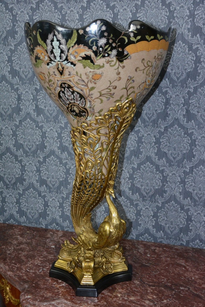 Zámecká porcelánovo-bronzová mísa s pávem-UNIKÁT