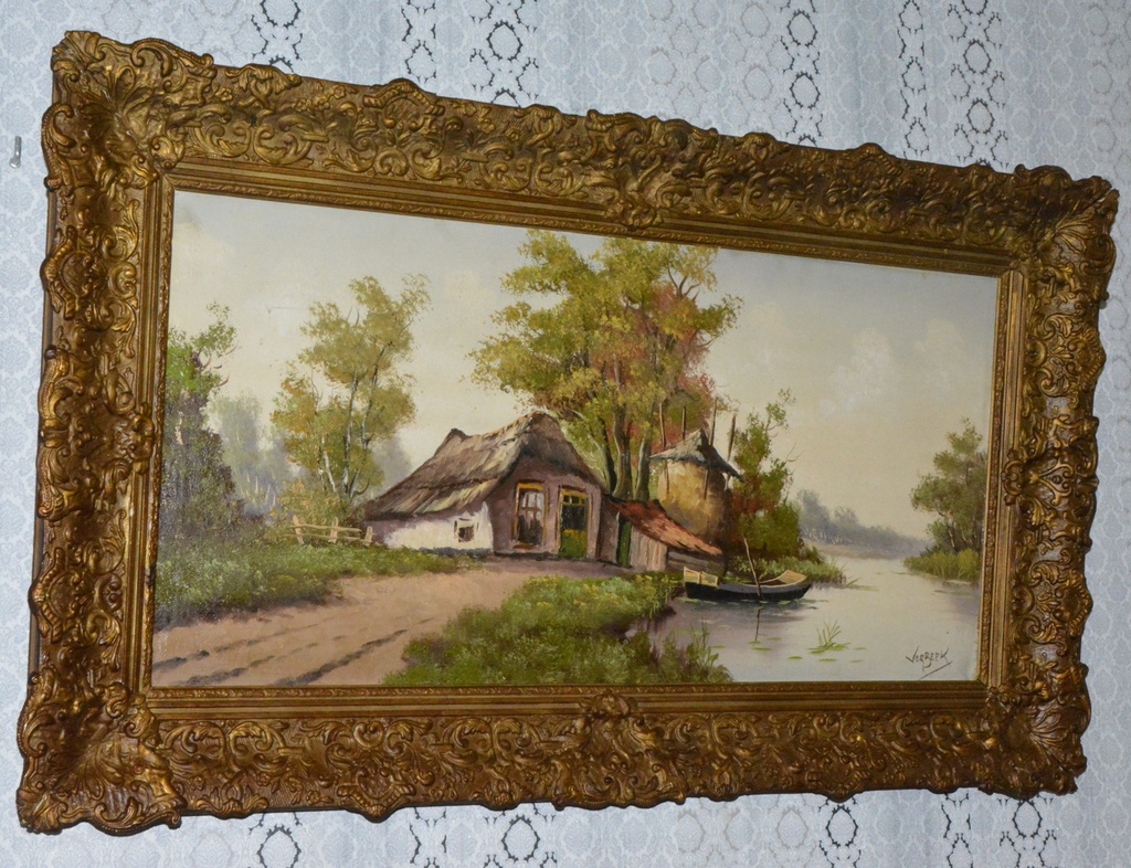 Starožitný obraz-Krajina s chalupou-olej na plátně