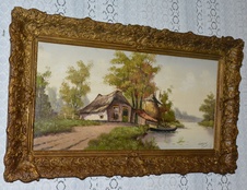 Starožitný obraz-Krajina s chalupou-olej na plátně