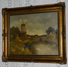 Starožitný obraz-Krajina s mlýnem - olej na plátně
