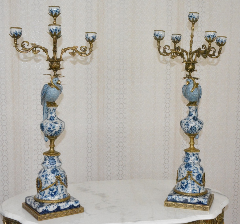 Zámecké svícny s papoušky - porcelán + bronz-83 cm