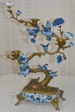 Zámecký svícen - strom s ptáčky - porcelán + bronz