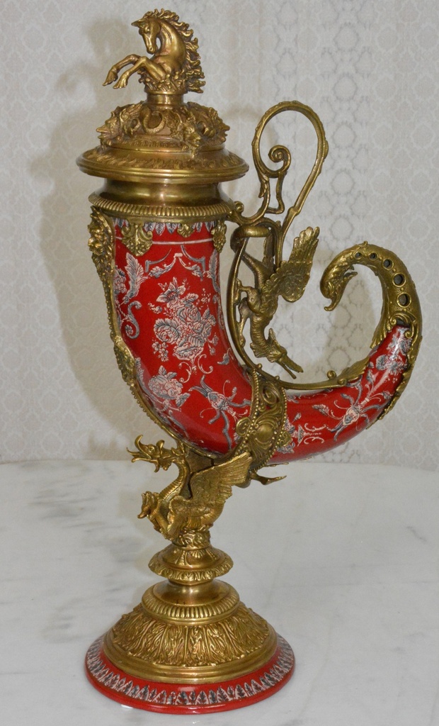 Zámecká dóza - roh - porcelán + bronz - UNIKÁT