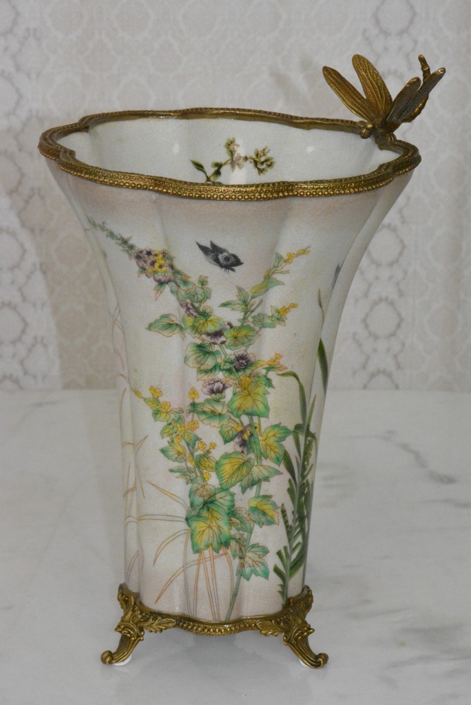 Secesní váza s vážkou - porcelán + bronz