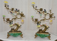 Zámecké svícny - stromy s ptáčky - porcelán+bronz