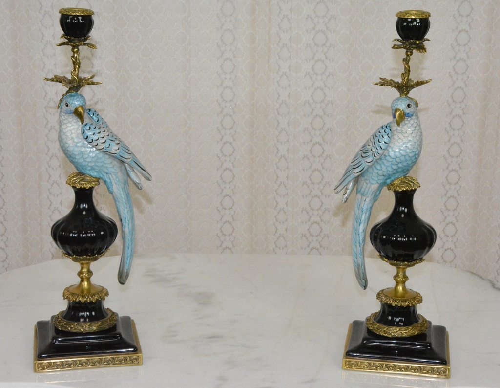 Zámecké svícny s papoušky-porcelán + bronz - 48 cm