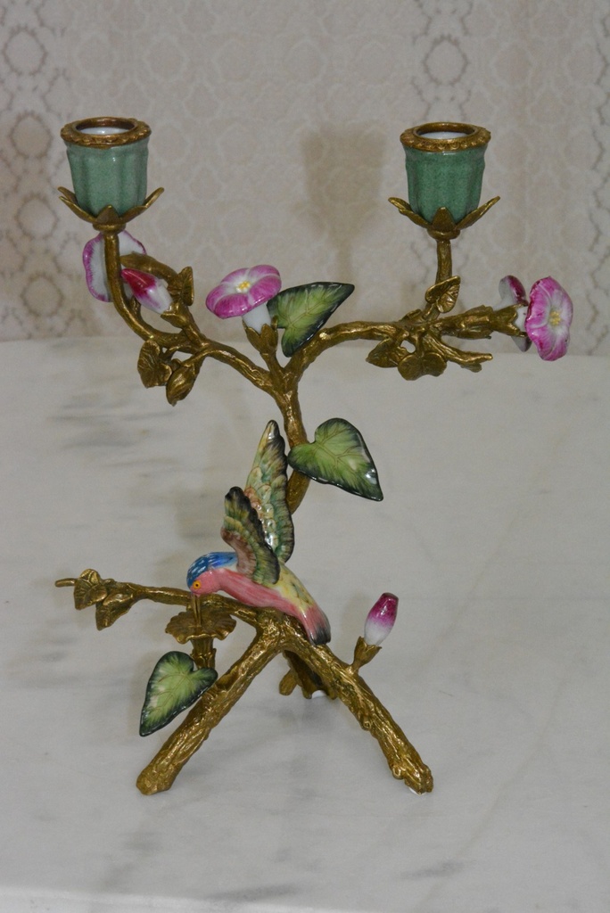 Zámecký svícen - Strom s ptáčkem - porcelán+bronz