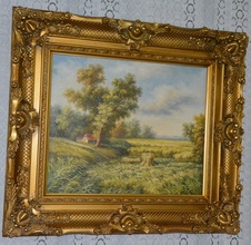 Zámecký obraz-Krajina s chalupou - olej na plátně