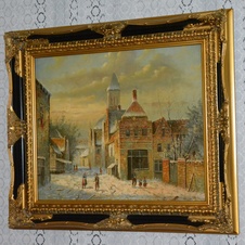 Zámecký obraz - Zasněžené město - olej na plátně