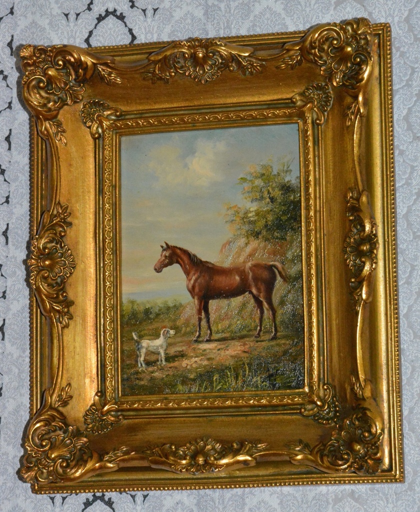 Zámecký obraz - Kůň se psem - olej na desce