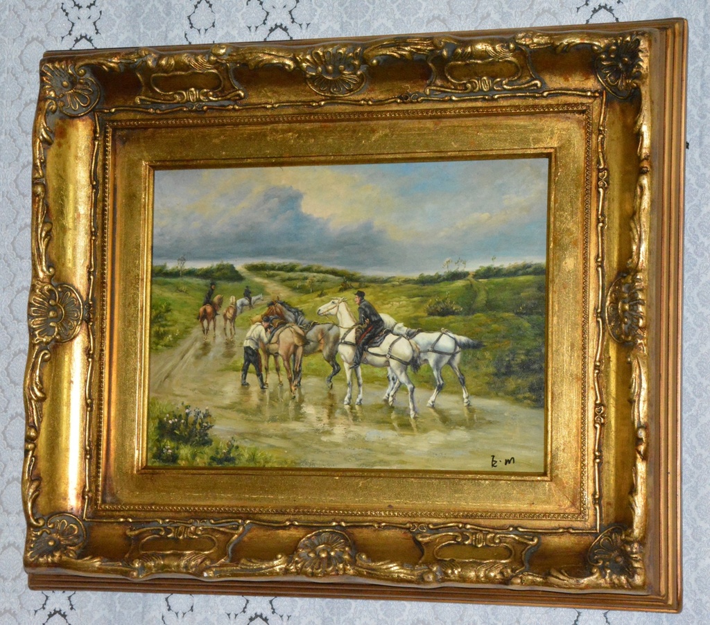Zámecký obraz - Na koních - olej na desce