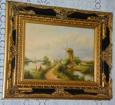 Zámecký obraz - Krajina s mlýnem - olej na desce