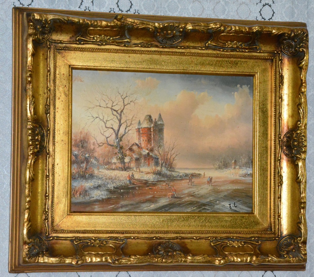 Zámecký obraz - Zima - olej na desce