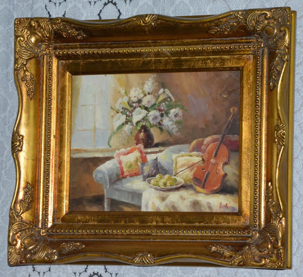 Zámecký obraz - Zátiší s houslemi - olej na desce