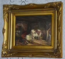Zámecký obraz - Ve chlévě - olej na desce