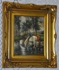 Zámecký obraz - Koně u řeky - olej na desce