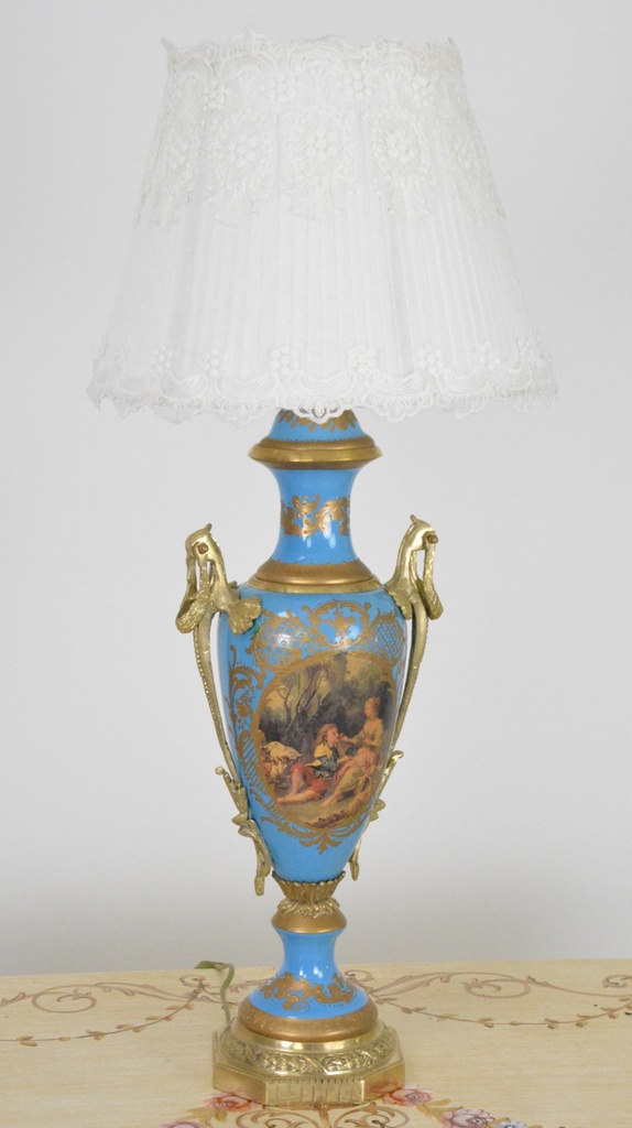Zámecká stolní lampa se stínidlem - porcelán+bronz