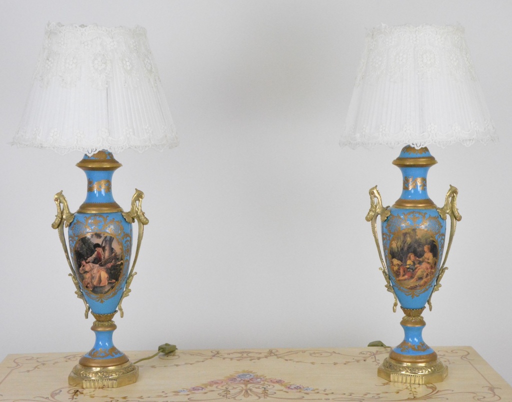Zámecké stolní lampy se stínidlem - porcelán+bronz