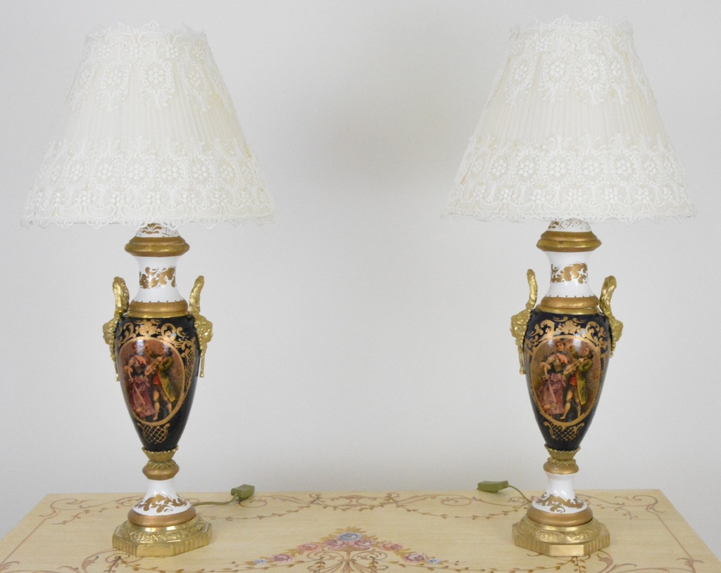 Zámecké stolní lampy se stínidlem - porcelán+bronz