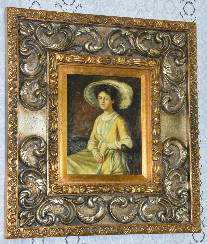 Zámecký obraz - Dáma s kloboukem - olej na desce