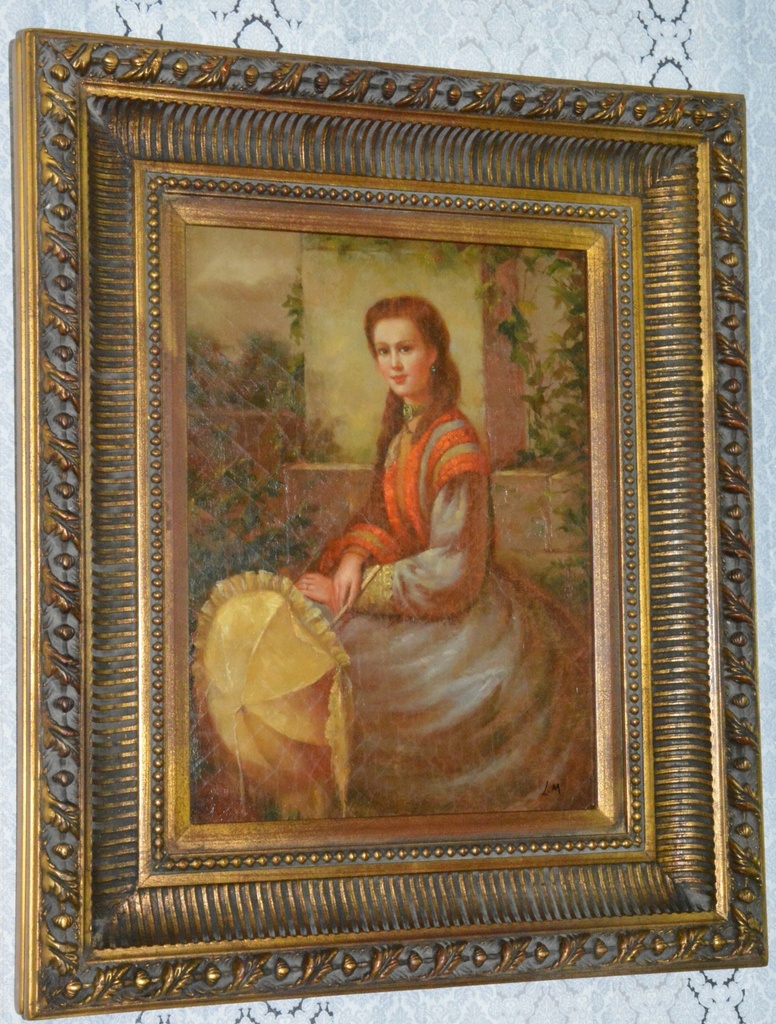 Zámecký obraz - Dáma s deštníkem - olej na desce