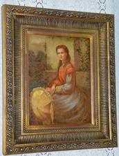 Zámecký obraz - Dáma s deštníkem - olej na desce