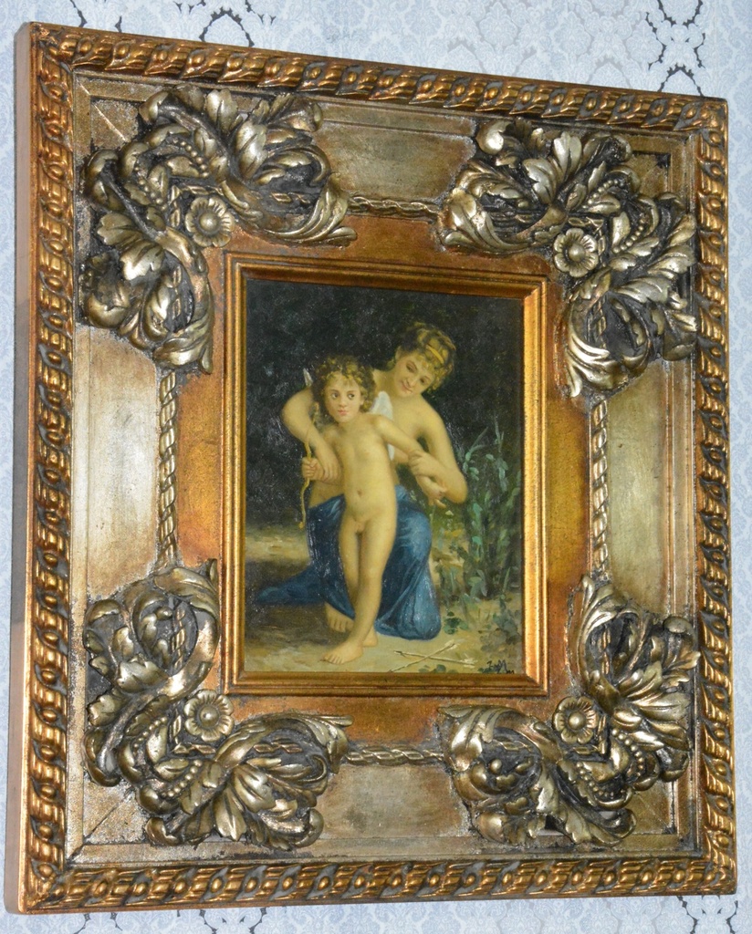 Zámecký obraz - Dáma s amorkem - olej na desce