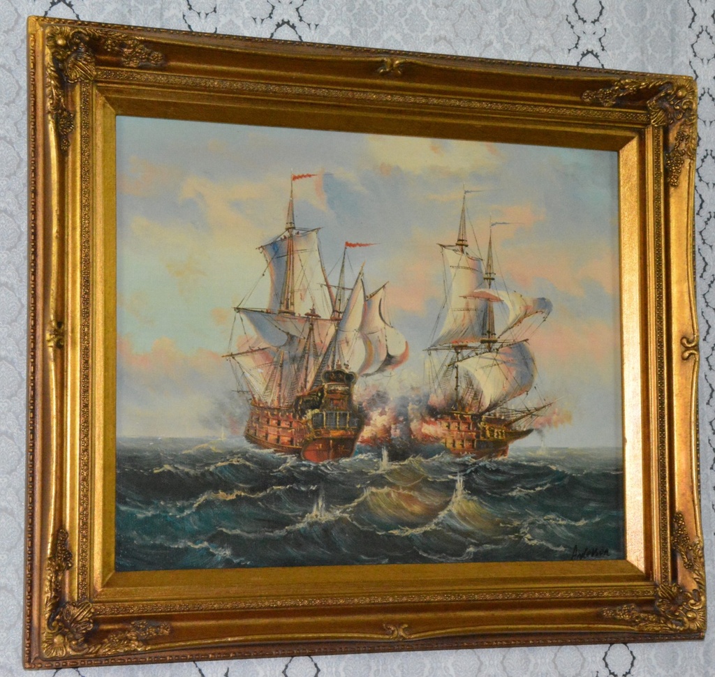 Zámecký obraz - Bitva - Lodě - olej na plátně