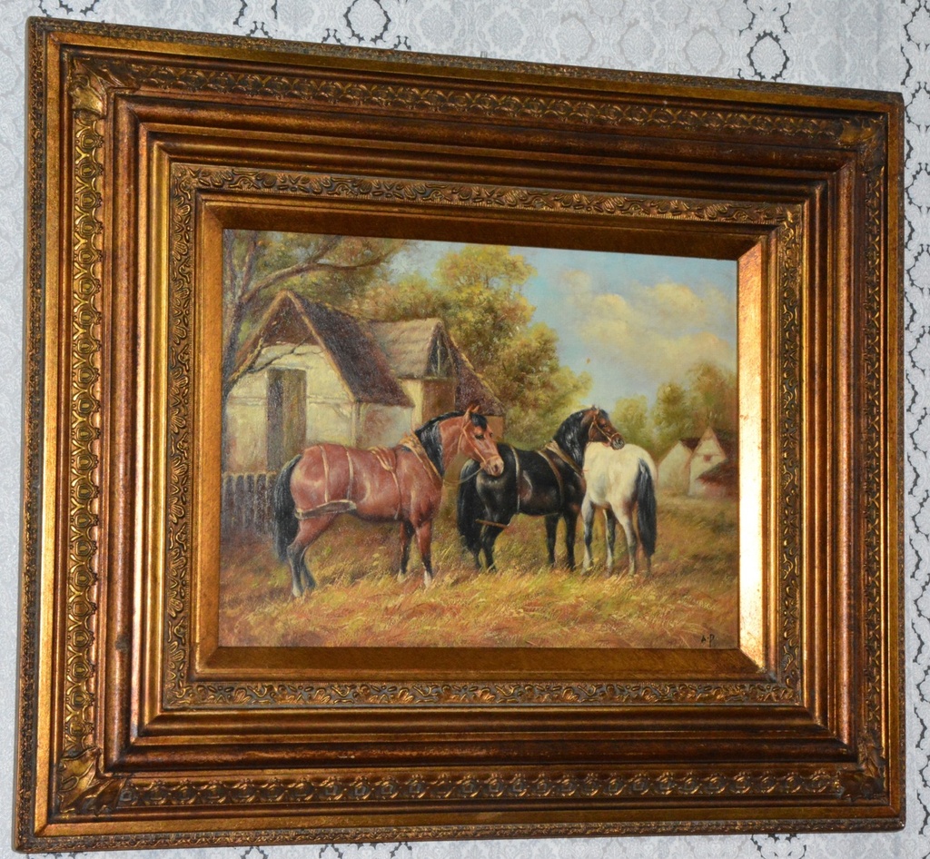 Zámecký obraz - Koně - olej na desce