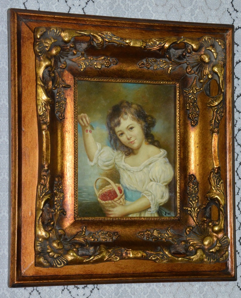 Zámecký obraz - Dívka s třešněmi - olej na desce