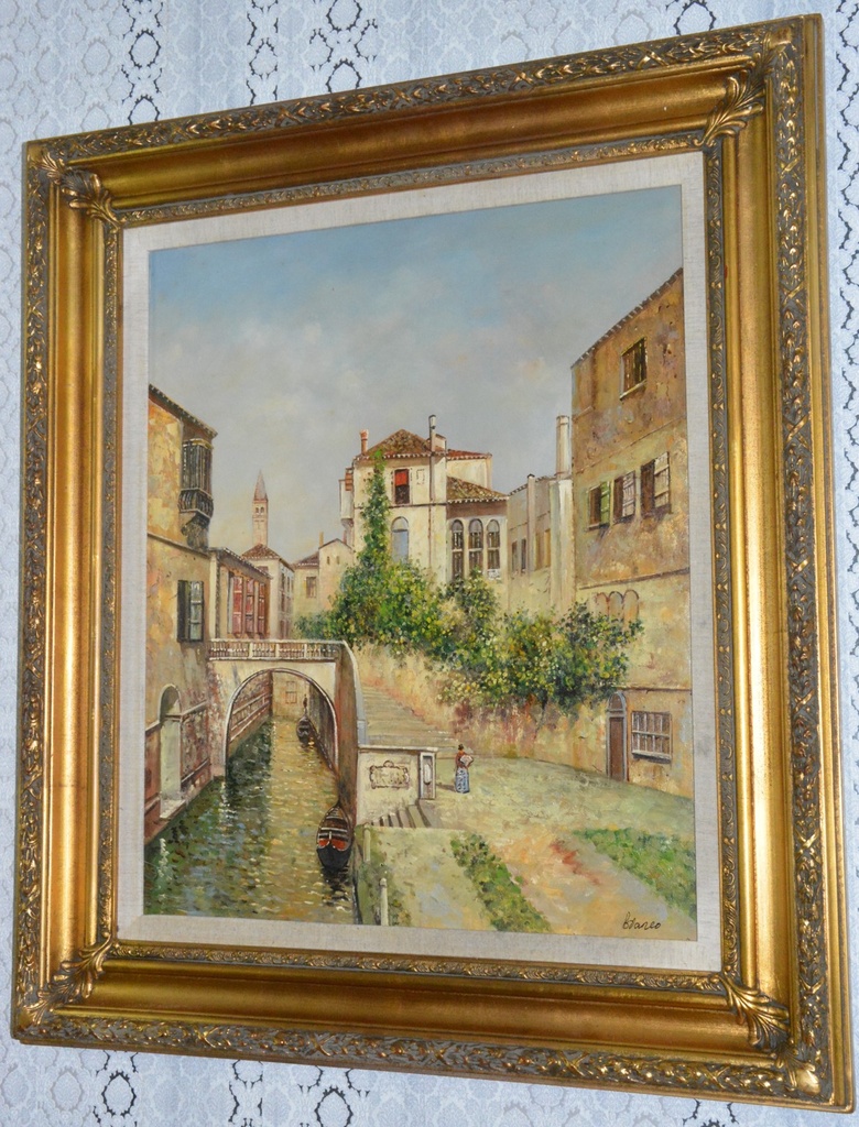 Zámecký obraz - Město s řekou- olej na plátně