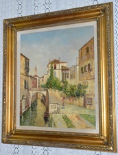 Zámecký obraz - Město s řekou- olej na plátně