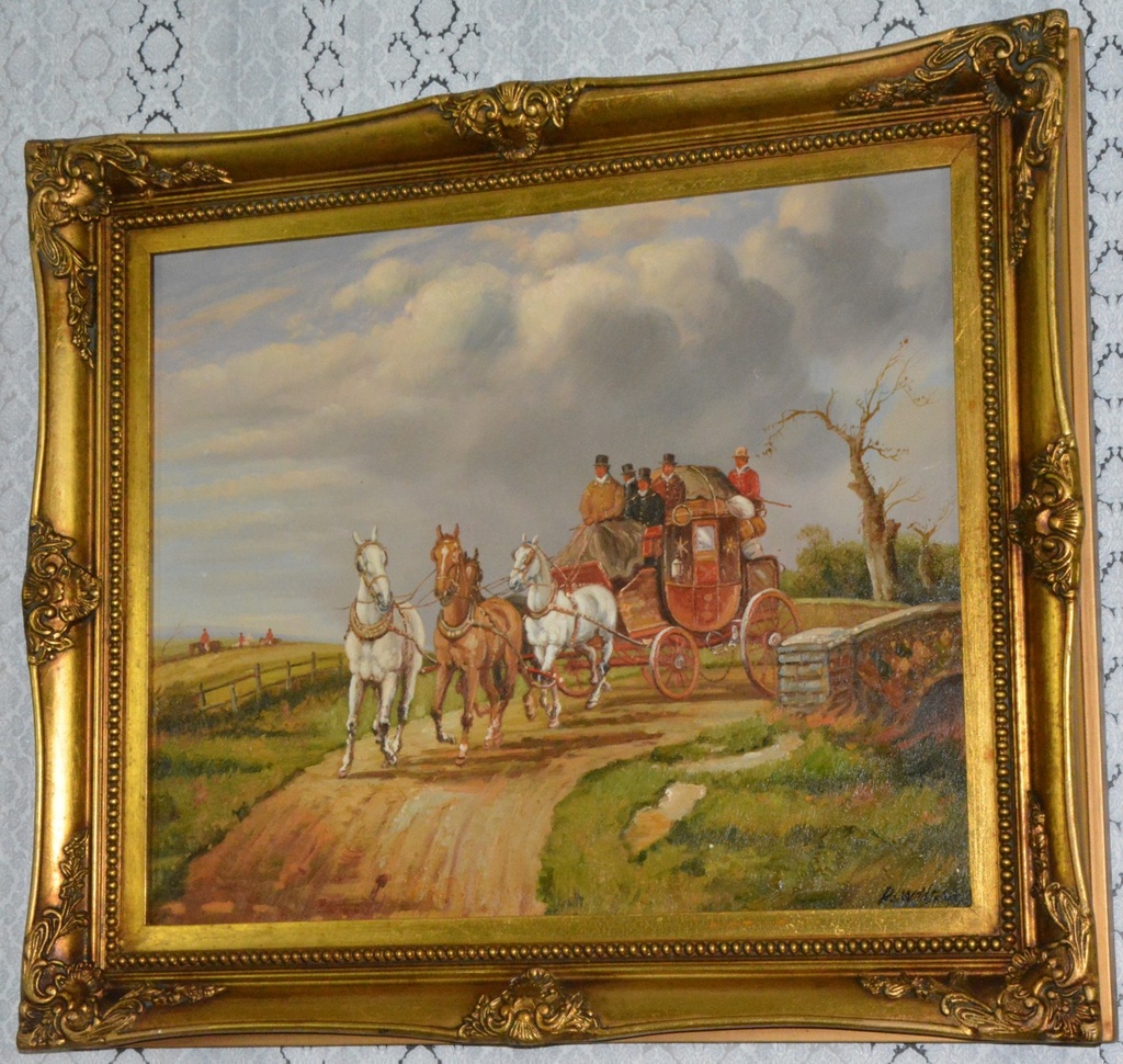 Zámecký obraz - Koně s kočárem - olej na plátně