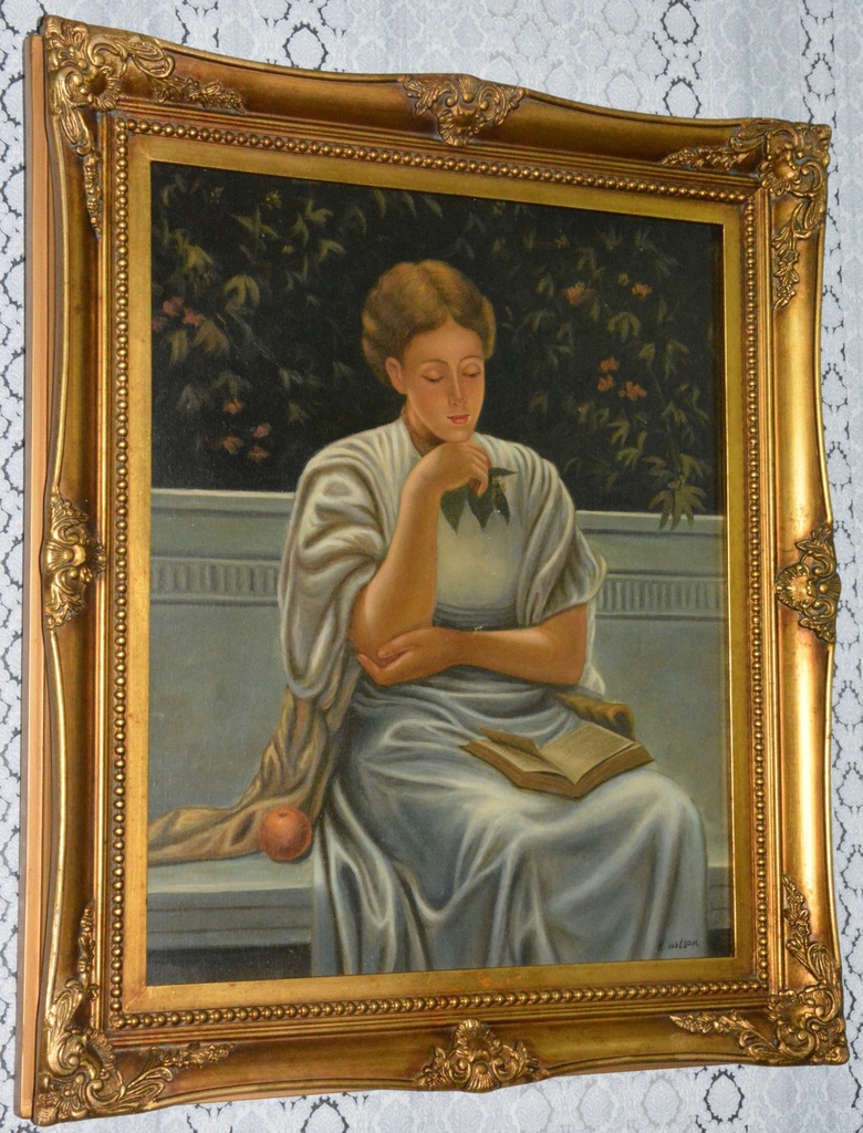 Zámecký obraz - Dáma s knihou - olej na plátně