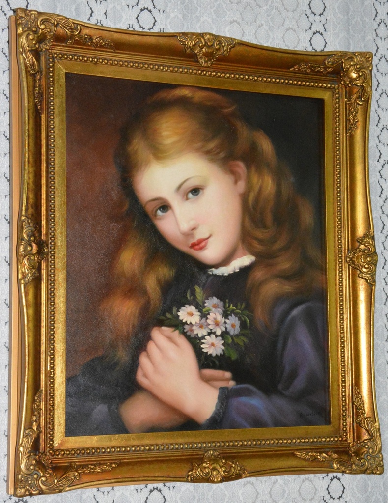 Zámecký obraz - Portrét - Dívka s květinami - olej