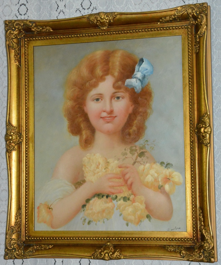 Zámecký obraz - Dívka s květinami - olej na plátně