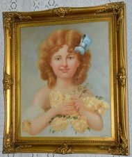 Zámecký obraz - Dívka s květinami - olej na plátně