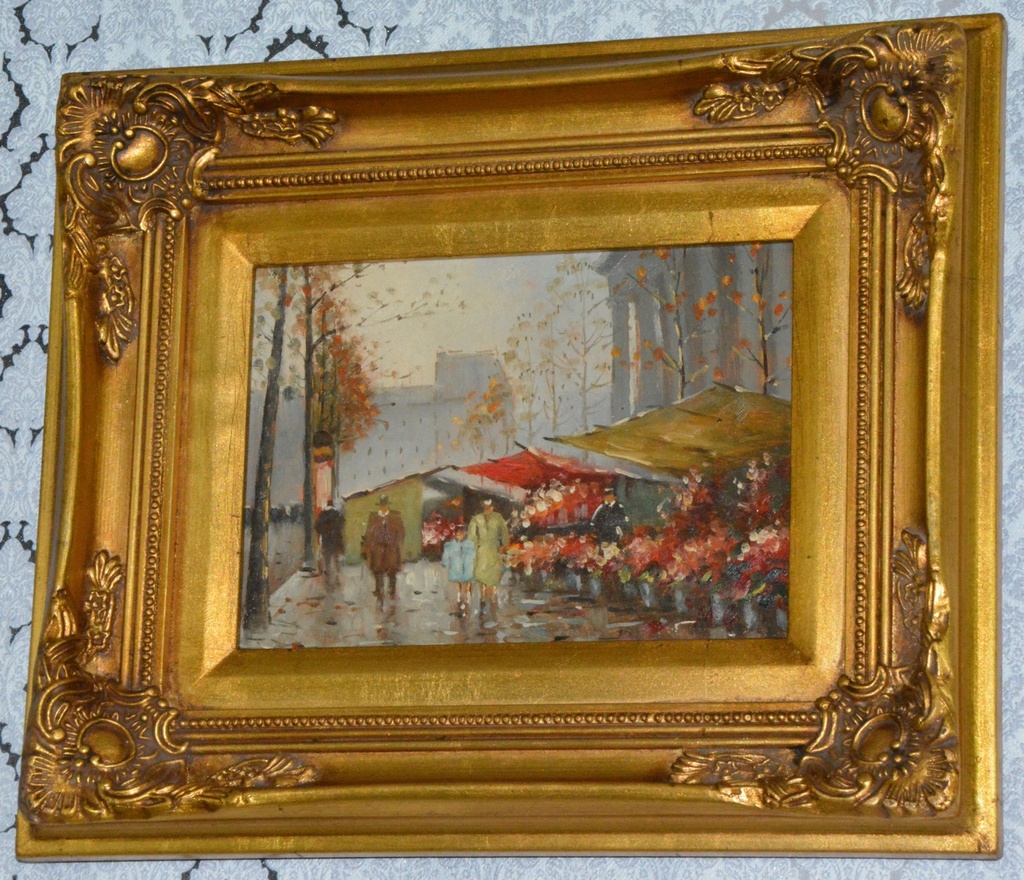 Zámecký obraz - Květinový trh - olej na desce