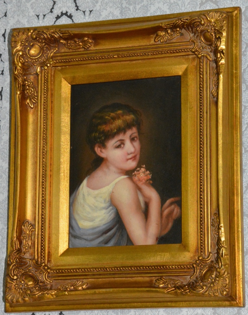 Zámecký obraz - Dívka s květinou - olej na desce