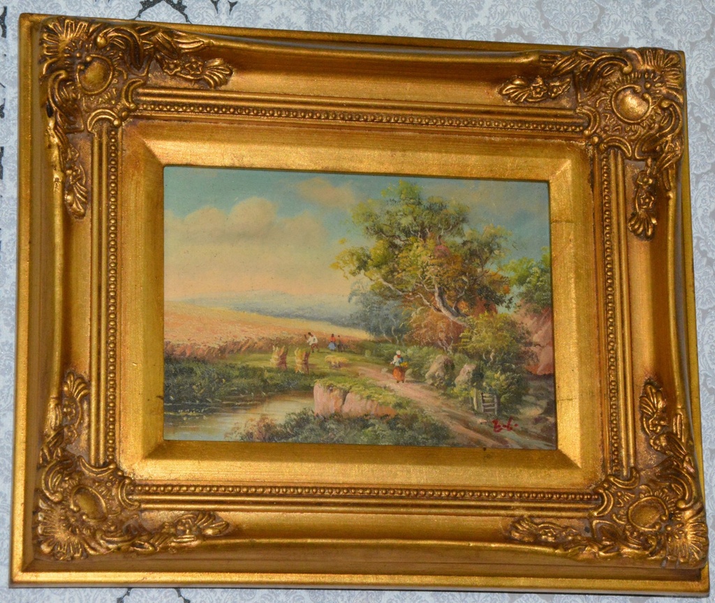 Zámecký obraz - Žně - olej na desce