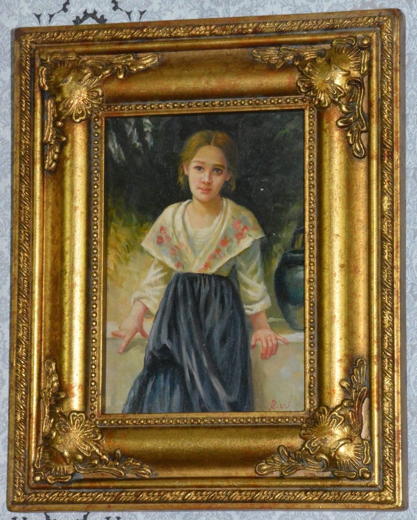 Zámecký obraz - Dívka - olej na desce