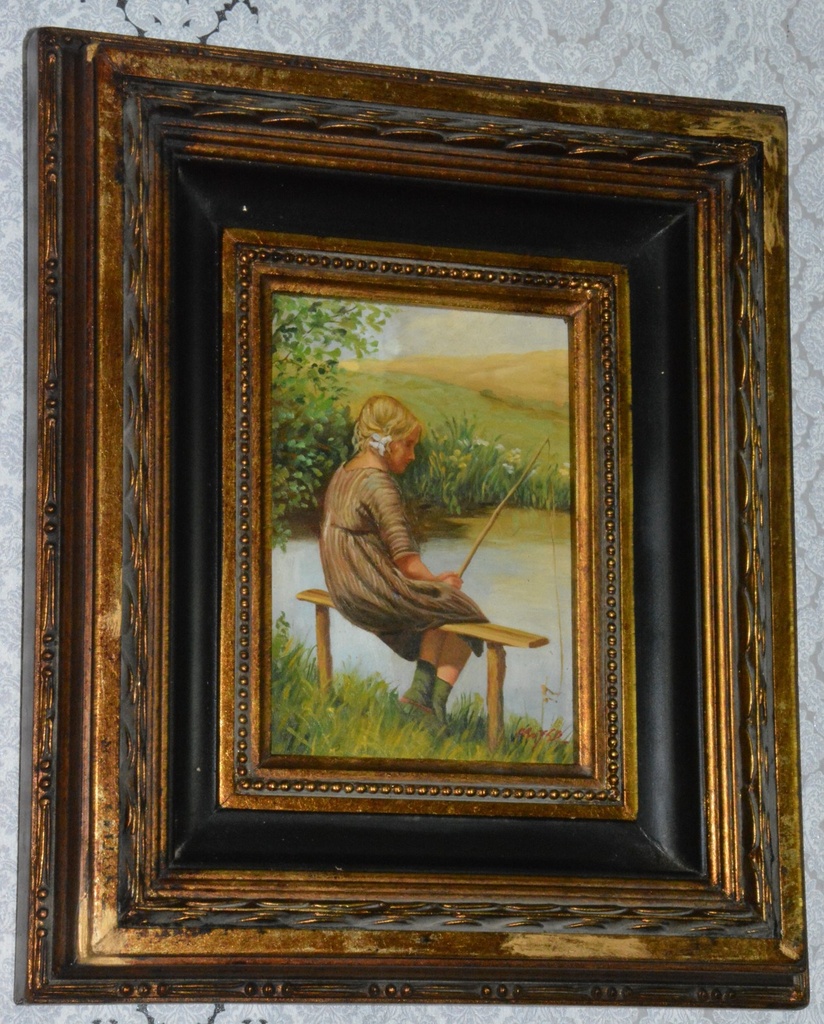 Zámecký obraz - Dívka na rybách - olej na desce