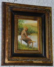 Zámecký obraz - Dívka na rybách - olej na desce