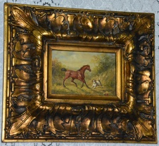 Zámecký obraz - Kůň se psem - olej na desce