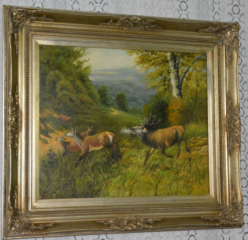 Zámecký obraz - Jelen s laněmi - olej na plátně