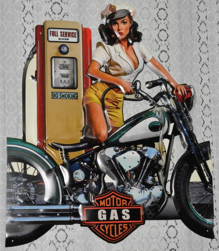 Retro plechová cedule - 3D - Dáma a chooper