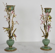 Zámecké svícny s ptáčky a květinami-porcelán+bronz