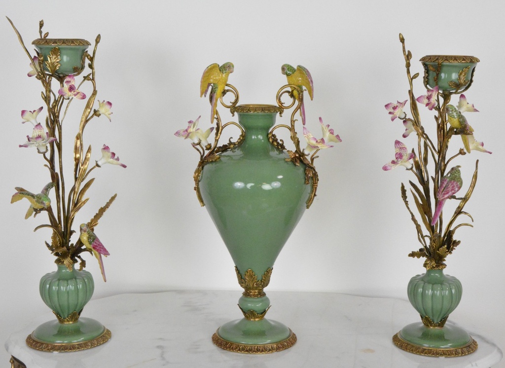 Zámecký set s ptáčky a květinami-porcelán+bronz