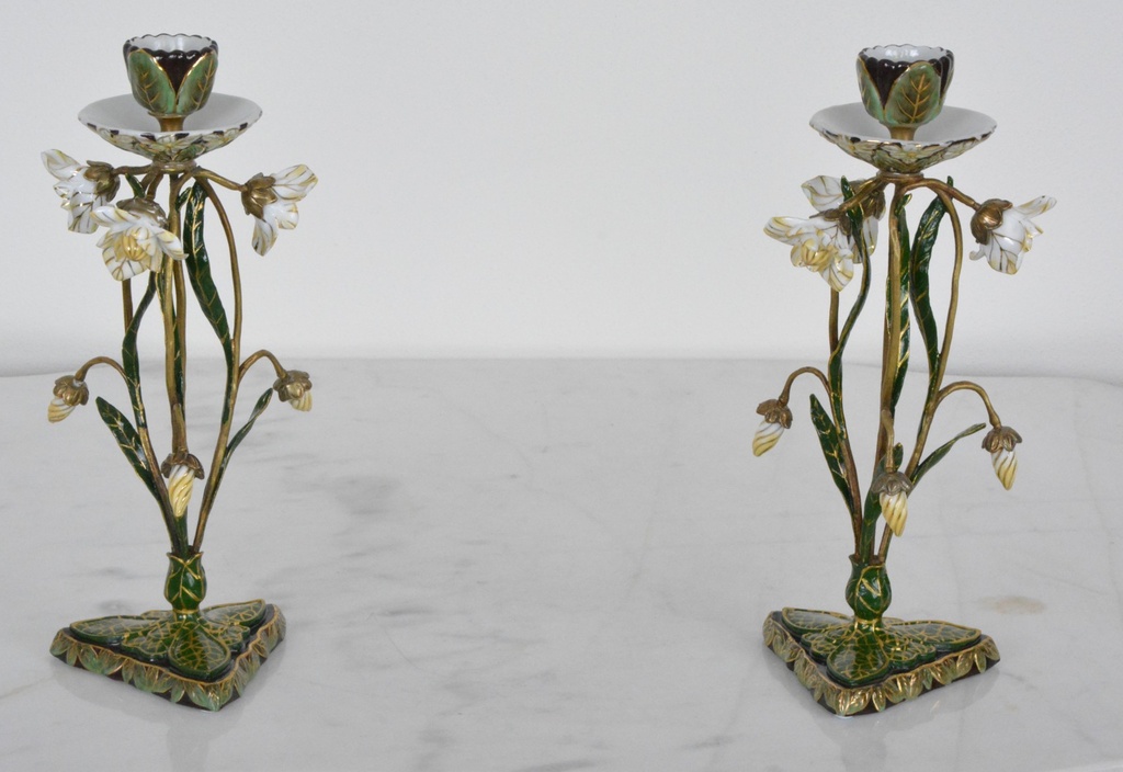 Zámecké svícny s květinami - porcelán + bronz