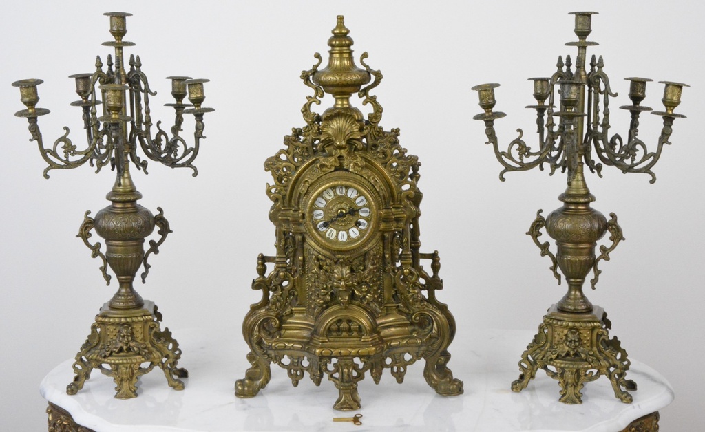 Starožitné krbové hodiny FHS se svícny XXL